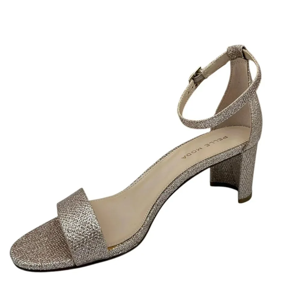 Pelle Moda‎ Women’s Monroe Sandal 7.5 Metallic Plat Gold Block Heel Ankle Strap